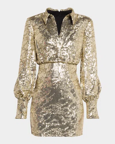 One33 Social Blouson-sleeve Sequin Mini Shirtdress In Light Gold