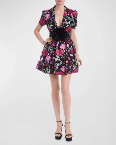 One33 Social Floral-embroidered Deep V-neck Mini Dress In Black Fuchsia