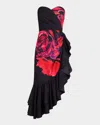 One33 Social Strapless Floral-print Asymmetric Midi Dress In Black Silver