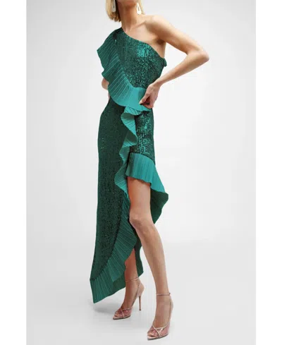 One33 Social Women's The Mercer Sequin Pleated Ruffle Gown In Dark Green