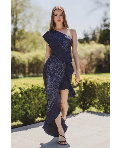 One33 Social Women's The Mercer Sequin Pleated Ruffle Gown In Navy Blue