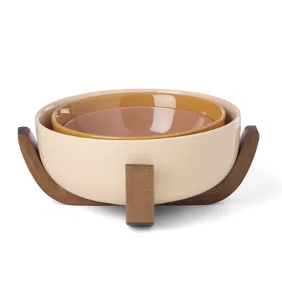 Oneida 24 Seven Sunbaked 3-piece Nesting Bowl Set With Wood Stand In Brown