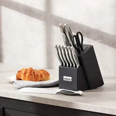 Oneida Crosshatch 14pc Cutlery Block Set W/ Sharpener In Silver