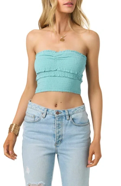 O'neill Dedra Smocked Ruffle Strapless Crop Top In Nile Blue