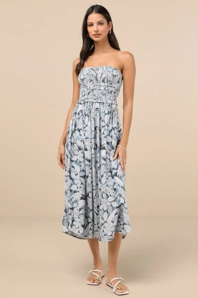 O'neill Devyn Slate Blue Tropical Print Smocked Strapless Midi Dress