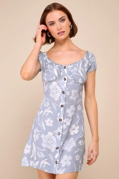 O'neill Ellison Slate Blue Floral Ruffled Off-the-shoulder Mini Dress