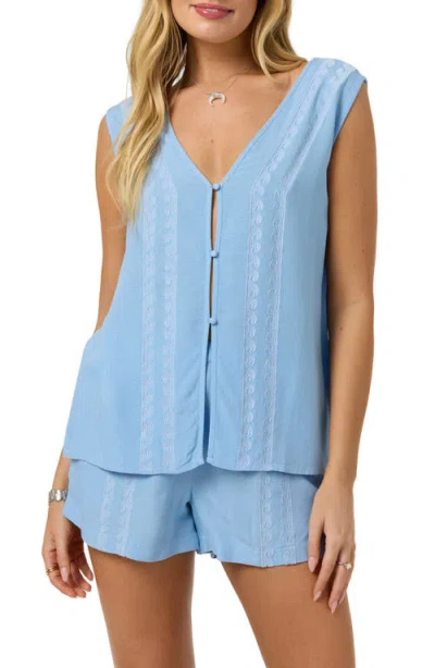 O'neill Farren Embroidered Sleeveless Button-up Top In Blue