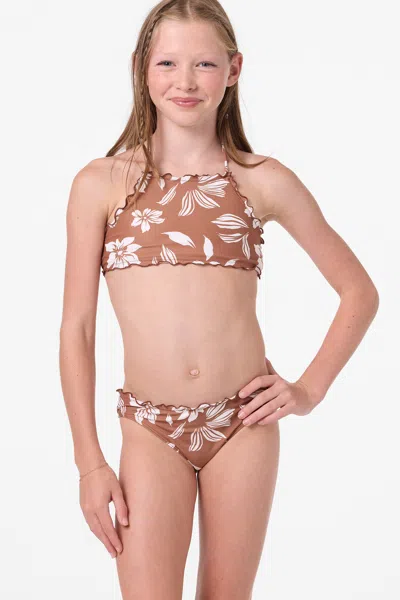 O'neill Girl's Nomad Floral Ruffle Edge High Neck Set In Brown