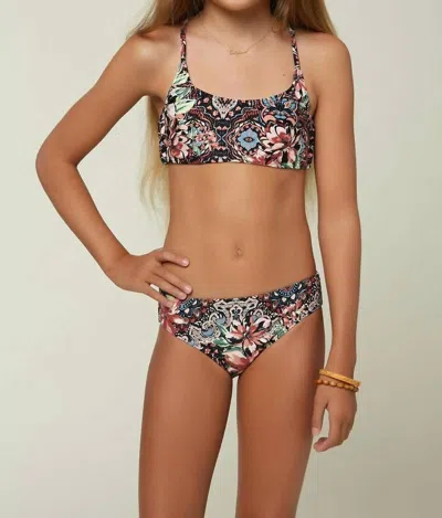 O'neill Kids' Girls Naples Strappy Side Bralette Bikini Set In Black In Multi