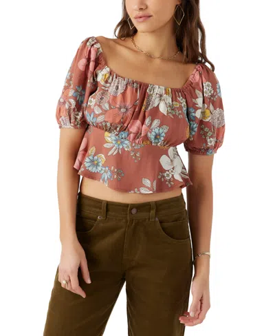 O'neill Juniors' Autumn Floral-print Cropped Puffed-sleeve Top In Cedar Wood