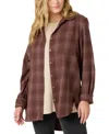 O'neill Juniors' Travys Plaid Print High-low-hem Cotton Shirt In Deep Taupe