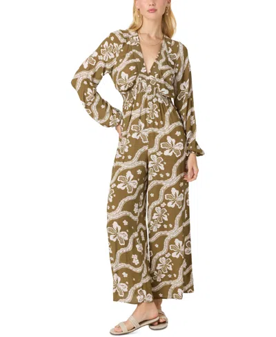 O'neill Juniors' Zadie V-neck Smocked-waist Jumpsuit In Military Olive