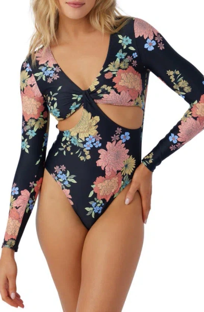O'neill Kali Key West Cutout Floral Long Sleeve One-piece Swimsuit In Black