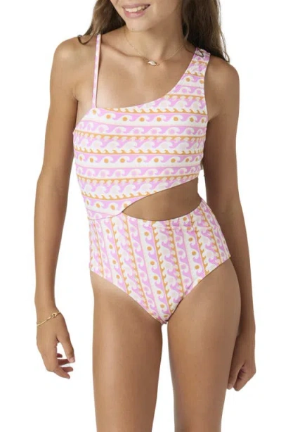 O'neill Kids' Balearic Asymmetric Cutout One-piece Swimsuit In Pink