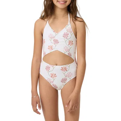 O'neill Kids' Ivy Floral Ruched Cutout One-piece Swimsuit In White