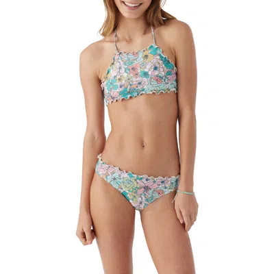O'neill Kids' Janis Ruffle Floral Two-piece Swimsuit In Pink Multi Colored