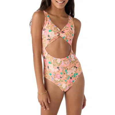 O'neill Kids' Kelly Twisted Cutout One-piece Swimsuit In Pink