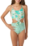 O'neill Kids' Knot Front One-piece Swimsuit In Peacock Green