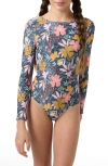 O'neill Kids' Mila Floral Twist Long Sleeve One-piece Rashguard Swimsuit In Gray