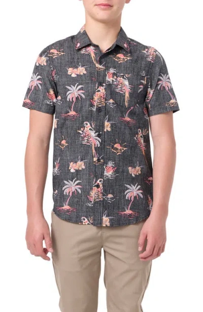 O'neill Kids' Oasis Palm Tree Print Short Sleeve Button-up Shirt In Black