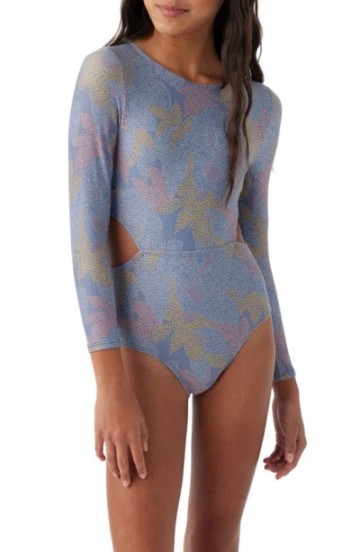 O'neill Kids' Sandrine Cutout Long Sleeve One-piece Swimsuit In Blue Multi