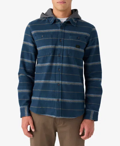 O'neill Landmarked Stripe Hooded Flann Button Top In Midnight Navy