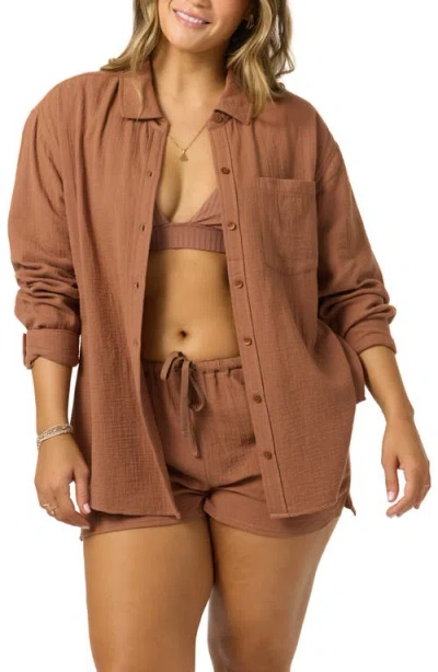 O'neill Leni Relaxed Fit Cotton Cover-up Shirt In Brown