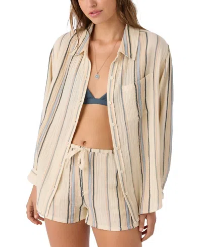 O'neill Leni Stripe Top Women's Ivory Cotton Long Sleeve Relaxed Fit Dsgl1249 In White