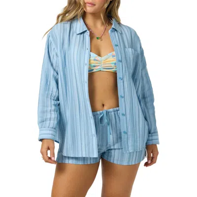 O'neill Leni Waves Stripe Cotton Gauze Button-up Shirt In Blue