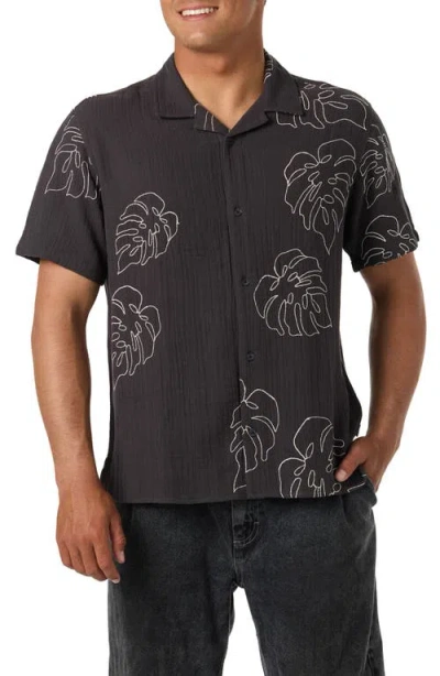 O'neill Pipeline Rodeo Monstera Embroidered Gauze Camp Shirt In Black
