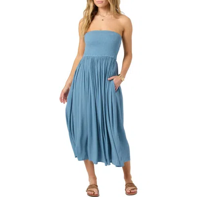 O'neill Piper Smocked Strapless Midi Dress In Blue