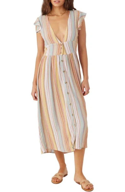 O'neill Rainey Stripe Flutter Sleeve Midi Dress In Multi Colored