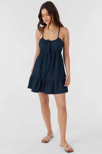 O'neill Saige Mini Dress Women's Slate Textured Knit Tassel Tie-neck Frog341 In Blue