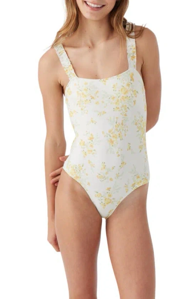 O'neill Kids' Tatianna Floral Ruffle Strap One-piece Swimsuit In Vanilla