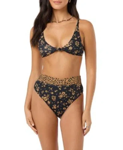 O'neill Oneill Womens Maya Floral Adjustable Strap Bralette High Waisted Floral Print Bikini Bottom In Black