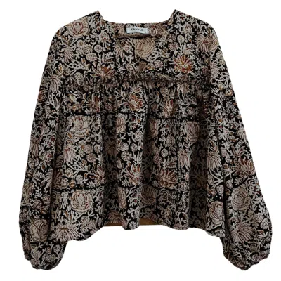Onesta Women's Black / Brown / Red Hand Block Print Ruffle Blouse In Black/brown/red