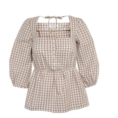 Onesta Women's Grey Organic Cotton Gingham Blouse In Stone