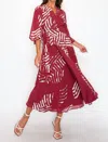 Onetheland Chiffon Print Three Fourth Sleeve Maxi Dress In Burgundy In White
