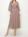 Onetheland Wrap Knit V Neck Midi Dress In Taupe In Grey