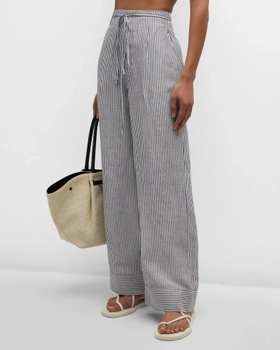 Onia Air Linen Striped Paperbag Trousers In Deep Navywhite