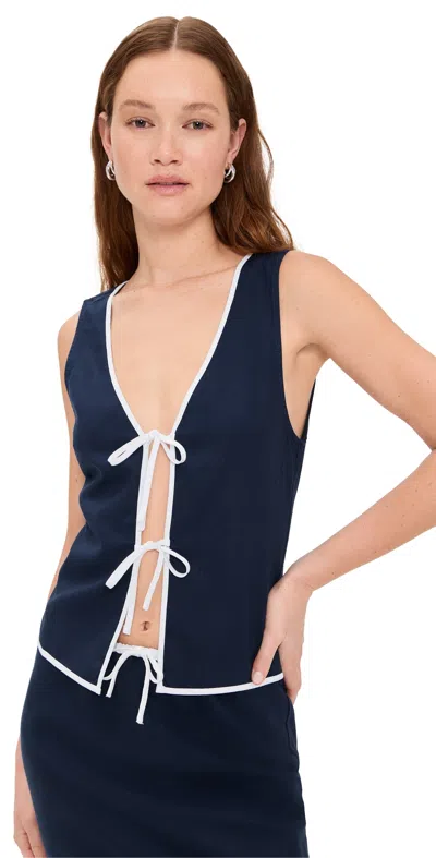 Onia Air Linen Tie Front Tank Deep Navy/white