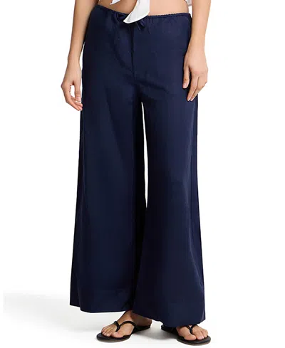 Onia Air Linen Wide Leg Drawstring Pant In Blue