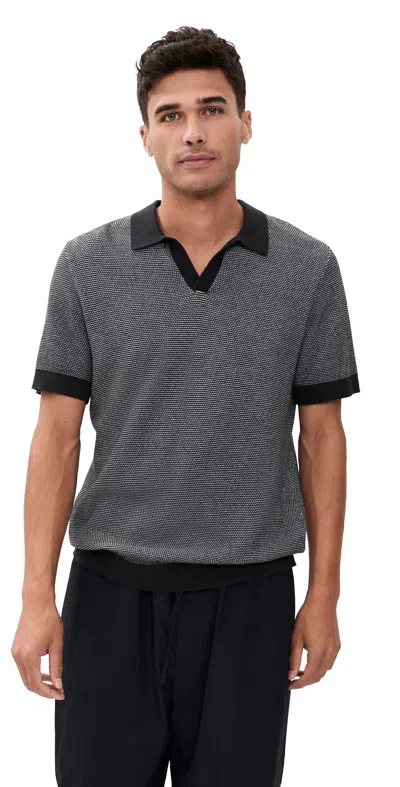 Onia Cotton Textured Johnny Collar Polo Midnight/white In Gray