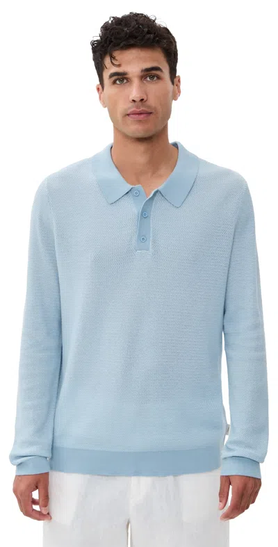Onia Cotton Textured Knit Long Sleeve Polo Pale Blue
