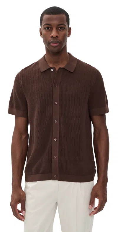 Onia Crochet Knit Button Up Short Sleeve Shirt In Brown