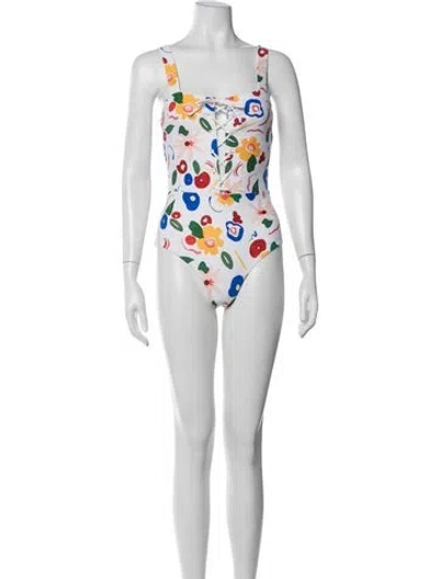 Pre-owned Onia Floral Print Cutout Accent One-piece W/ Tags In White