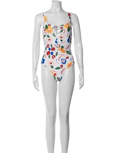 Pre-owned Onia Floral Print Cutout Accent One-piece W/ Tags In White