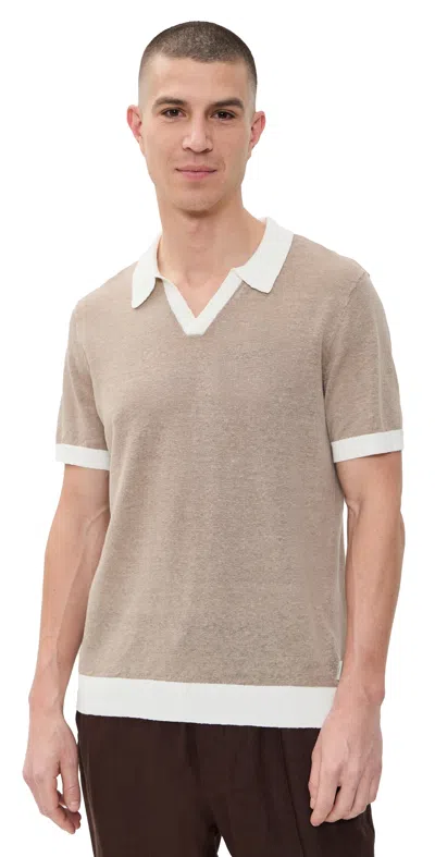 Onia Johnny Two-tone Linen Polo Shirt In Tan/white