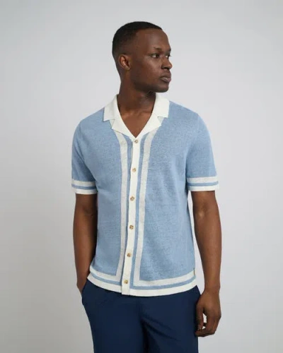 Onia Linen Knit Camp Shirt In Baby Blue/whte