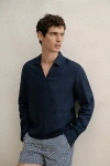 Onia Linen Long Sleeve Popover Shirt In Midnight, Men's At Urban Outfitters In Blue